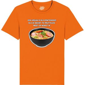 Een vrouw is als erwtensoep - Grappige Tekst Shirt - Mannen Vrouwen Unisex Kleding - Leuke Teksten - Verjaardag Cadeau Idee - Unisex T-Shirt - Oranje - Maat L