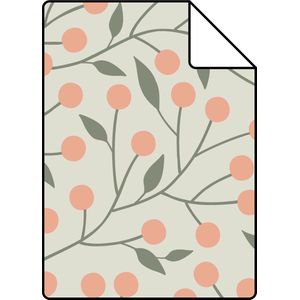 Proefstaal ESTAhome behang bloemmotief vergrijsd groen en perzik roze - 26,5 x 21 cm - 139659-S