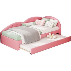 Merax Slaapbank 90x200 cm met Extra Uitschuifbaar Bed 80x190 cm - Kunstleer Gestoffeerd Bedframe - Roze