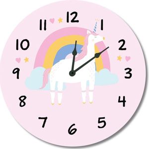 Kinderklok regenboog, eenhoorn/unicorn, wolkjes roze  | STIL UURWERK  | wandklok van kunststof/aluminium voor kinderkamer en babykamer - decoratie accessoires - meisjes slaapkamer