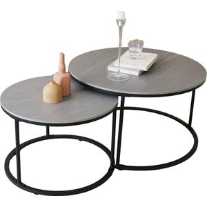 HomeNest Salontafel Marmer - Salontafel Rond - Bijzettafel Rond - Set van 2 - Bijzettafels - Ø80 & Ø60cm - Gesinterd - Grijs Marmer - XL