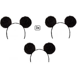 3x Diadeem grote pluche oren zwart - Carnaval Hoofddeksel thema feest fun party muizen Mickey