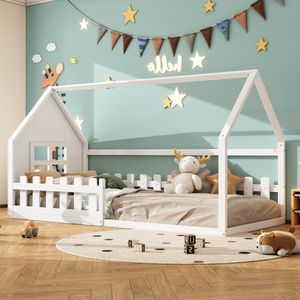 Sweiko Eenpersoonsbed 90*200 cm, Kinderbed, Huisvormig, met Hek, Wit