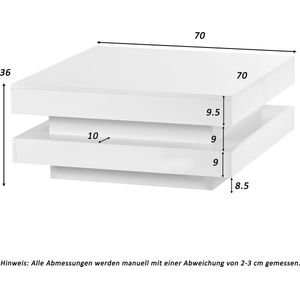 Vierkante salontafel in wit - moderne technologische stijl met 16 kleuren LED-verlichting, 70x70x36 cm, max. belasting 3 kg