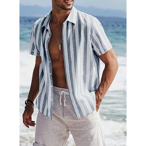 Gestreept overhemd voor heren - korte mouwen - vrijetijdshemd - zomer - casual - regular fit - Grijs Blauw Wit - S