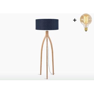 Vloerlamp – ANNAPURNA – Bamboe - Blauw Linnen - Met LED-lamp