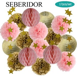 Versiering verjaardag 17 stuks - slingers verjaardag -mix van lantaarn lampion pompom ballen - feestelijk goud roze - verjaardag decoratie