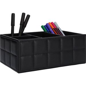 QUVIO Bureauorganizer - 4 vakken - PU Leer - Zwart - Pennenbakje - Pennenhouder - Opbergen - Desk organizer - Bureau accessoires - Opbergsysteem - 14 x 20,5 x 8 cm