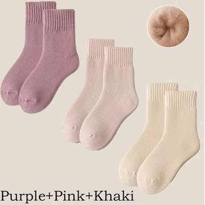 3 Paar Warme Wollen Dames Sokken Winter – Dikke Huissokken, Slofsokken & Sneeuwlaarssokken – Pluche, Zacht, Mid-Tube – Wit & Crèmekleur