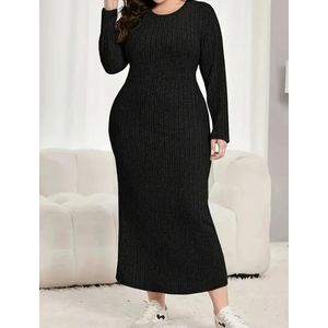 Sexy corrigerende warme geplisseerde stretch trui jurk zwart lang plus size grote maat 1XL EU 44/46