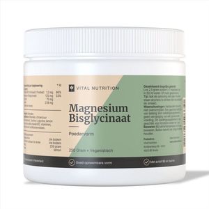 Vital Nutrition Magnesium Bisglycinaat Poeder - 100 doseringen - Frisse citroensmaak - Met vitamine B6 en taurine - Goed opneembaar - 100% plantaardig - 250 mg