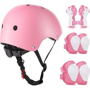 Kniebeschermers voor kinderen met helm, beschermende set voor kinderen van 3-10 jaar, inline skates, kinderbeschermingsmiddelen voor inline skates, fietsen, rolschaatsen (roze)
