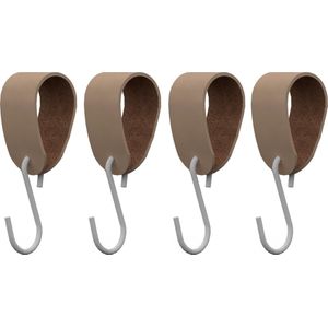 S-haakje Wit + leren hanger: TAUPE - Maat M - set van 4 (S-haakjes - kapstokhaakje - handdoekhaakje - kapstokhaak - ophanghaken - S-haken)