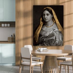 Canvas doek - De gesluierde vrouw - Goud - Kunst - 90x120 cm - Oude meesters - Raffaeolo Sanzio - Tinten - Woonkamer