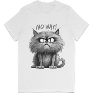 T Shirt Dames Heren - Grappige Kat Illustratie 'No Way'- Wit - XS