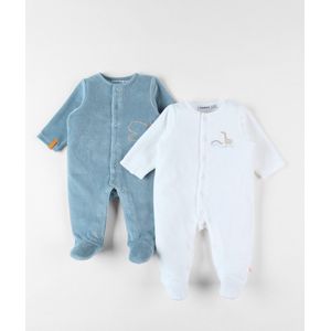 Noukie's - 2 Pack - Pyjama 1 delig - Fluweel - Dino's - Middenblauw / ecru - 9 maand 74