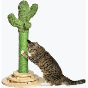 Krabpaal voor katten, cactusvorm, natuur, met hangende pompon en speelplatform ballen, Ø 32 x 60 cm, groen