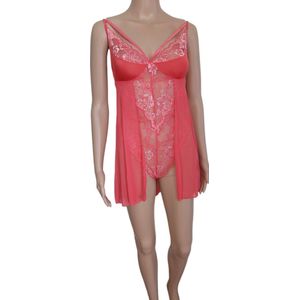 Dames - String Bodystocking - Lingerie - Met Kant en doorzichtig Lijfje - Kleur Roze/Lichtroze - Maat 36t/m44 - Cadeau - Kerst.