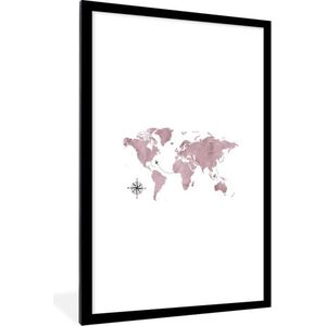 Fotolijst incl. Poster - Wereldkaart - Roze - Vliegtuig - 60x90 cm - Posterlijst