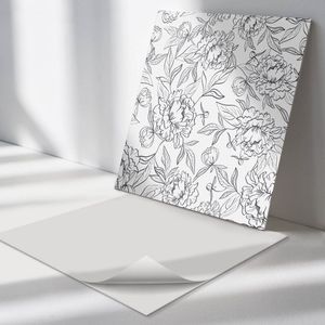 Wallfluent Vinyl Wandpaneel - Bloemenpatroon met bladeren PVC Muurpaneel - 50 cm x 50 cm - Zwart en wit PVC wandpaneel - 4 stuks - Vierkant Wandbekleding Vinyl - Bloemen Wandpaneel - Zelfklevende Wandbekleding - Wandpaneel Keuken en Badkamer