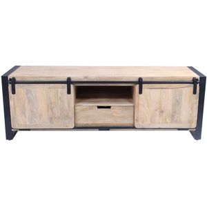 Vente-unique Tv-meubel met 2 deurtjes, 1 lade en 1 vak in mangohout en metaal - Houtlook en zwart - HARLEM II L 150 cm x H 50 cm x D 45 cm