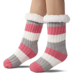 Vloer sokken - Warme Wintersokken - Sokken voor Binnen - Pantoffels voor bij de open haard - Warme Antislip Huissokken Volwassenen - Antislip Slippersokken voor- Dikke Pluche Sokken - Tapijtsokken - Thuis Sokken-Roze strepen- mevrouw.