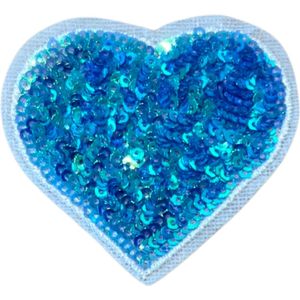 Hart Strijk Embleem Patch Blauw Glitter Paillette 6.5 cm / 6 cm / Blauw