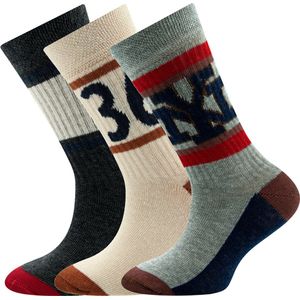 Ewers Kindersokken Ewers - Set / 3-Pack - Oker 36 & Band met Strepen & NY - Beige & Bruin & Donkergrijs & Rood-23/26