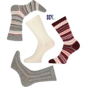 SOX superzachte warme fijne Noorse wollen sokken met Scandinavische wintertekeningen Bordeaux/ Grijs en effen Ecru/ Grijs 4 PACK 37/42