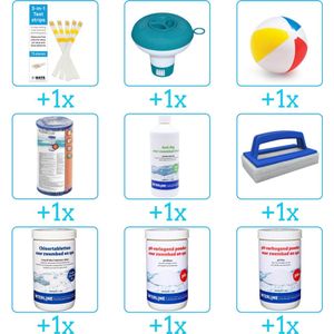Alles-in-1 Zwembad Onderhoudspakket - bevat Chloor - PH-min - PH-plus - Filter - Anti Alg - Scrubborstel - Testrips - Chloordrijver en Strandbal (9-delig)