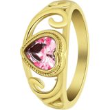 Lucardi Dames vintage ring met hart roze – Maat 50 – 16mm - Ring - Cadeau - Staal goldplated - Goudkleurig