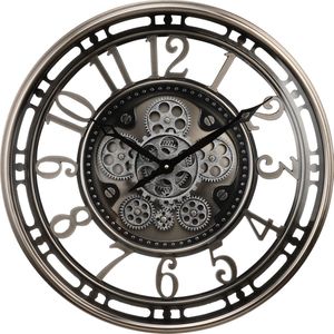Fresco - Wandklok - Zilver/Gunmetal - Ø 53,5 cm - Bewegende Tandwielen - Industrieel & Stil Uurwerk