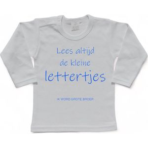Shirt Aankondiging zwangerschap ""Lees altijd de kleine lettertjes (ik word grote broer)"" | lange mouw | Wit/blauw | maat 98 zwangerschap aankondiging bekendmaking Baby big bro brother