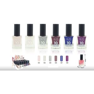 Easy Paris Cosmetics - Set met 6 Flesjes Nagellak - Wit parelmoer/Wit glitter/Zilver glitter/Rood Glitter/Donkerblauw/Paars - Inhoud per flesje 15 ml.