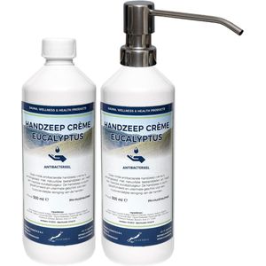 Handzeep Crème Eucalyptus 500 ml - set van 2 stuks - met gratis RVS zilverkleurige pomp - Voordeelverpakking