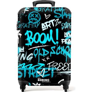 NoBoringSuitcases.com® - Handbagage koffer lichtgewicht - Reiskoffer trolley - Street art kunstwerk met blauwe teksten - Rolkoffer met wieltjes - Past binnen 55x40x20 en 55x35x25