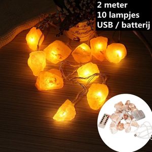 Natuurlijke Roze Himalaya Zout Crystal Rock - Led-lichtsnoer 2 meter met 10 lampjes-Batterij + USB-model voor Dubbel Gebruik en met afstandsbediening