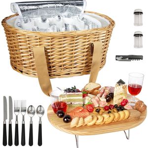 Rieten picknickmand set voor 2 met opvouwbare wijntafel en koeltas - 2 persoons servies - cadeau voor koppels