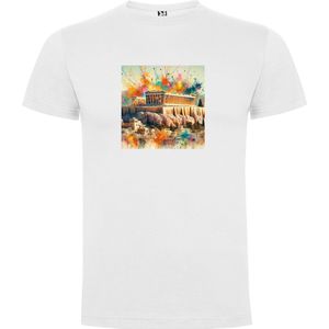 Wit T-Shirt met “ Kleurrijke Akropolis Athene in gele tinten“ Print Full Color Maat XS