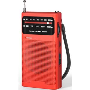 Draagbare AM/FM-Zakradio - Noodradio - Radio Op Batterijen - Koptelefoonaansluiting - Telescopische Antenne - Draagbare Radio - Noodpakket - Gemakkelijk Mee Te Nemen - Noodpakket Must Have - Radio Op Batterijen Voor Rampen - Rood