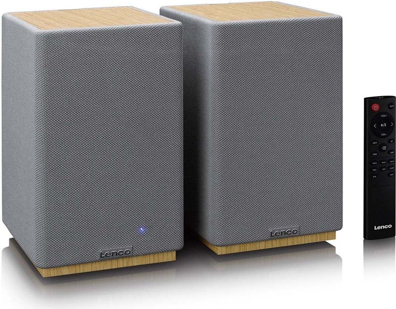 Lenco Hifi Speaker - Boekenplank speakers met Bluetooth - 80W - 2 stuks - Stereo set - SPB-241WDGY - Hout/Grijs