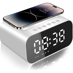 Digitale Radio Wekkerradio met Draadloze Oplaadstation - Spiegel Wecker - Bluetooth - Dubbele Alarmen - Snooze Functie - Temperatuurweergave - 3 Helderheidsniveaus - 16 Volume Levels - Ideaal voor Kantoor