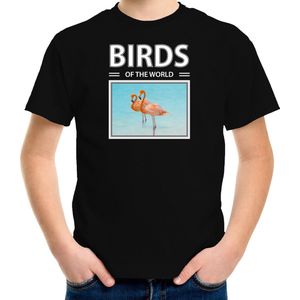 Dieren foto t-shirt Flamingo vogel - zwart - kinderen - birds of the world - cadeau shirt vogel liefhebber - kinderkleding / kleding 134/140