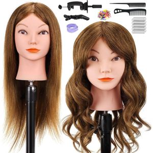 Trainingskoppen voor kappers - 29 inch oefenhoofd 100% kunstvezel met tafelklem en haarvlecht set (lichtbruin)