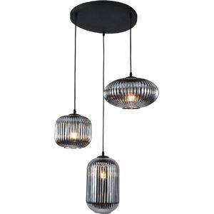 Olucia Charlois - Retro Hanglamp - 3L - Metaal/Glas - Grijs;Zwart - Rond