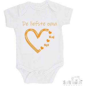 100% katoenen Romper ""De liefste oma met de namen van 2 kleinkinderen"" Unisex Katoen Wit/mosterd Maat 62/68