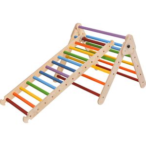 KateHaa Houten Klimdriehoek met Ladder Regenboog - Klimrek - Houten Montessori Speelgoed