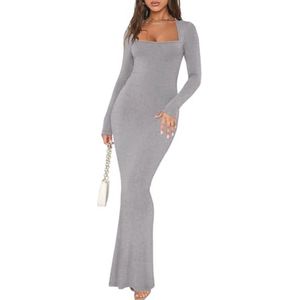 Dames Sexy Vierkante Hals Lange Mouw Jurk – Zachte Bodycon Maxi voor Herfst