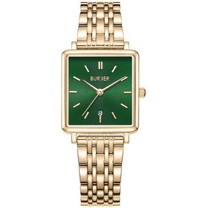 BURKER Daisy Horloge Dames Vierkant - Goud Groen - Schakelband - 28mm