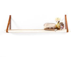 Houten Wandplank 120 cms-sincl. Bruine leren bandens-sLive Edges-sRobuusts-sUnieke kleur en vorm !